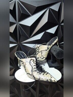 Snake-Print Lace-Up Mules in Neutral Snake